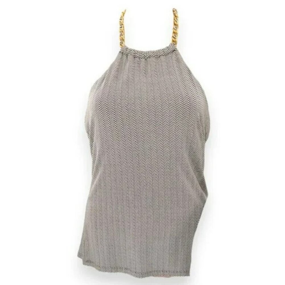 Michael Kors Brown Ivory Tan Herringbone Chevron Gold Chain Stretch Halter Top M